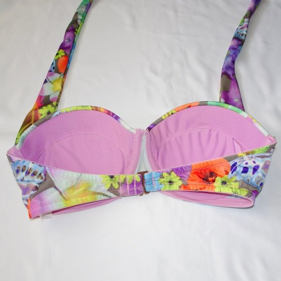 La Vie En Rose Aqua Floral Multicolor Halter Push Up Bikini Top - Picture 2 of 5